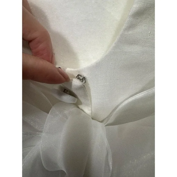 Linen Women's Ivory White Midi Wedding Dress‎ Organza Tie Bow Back Buttons SZ 14